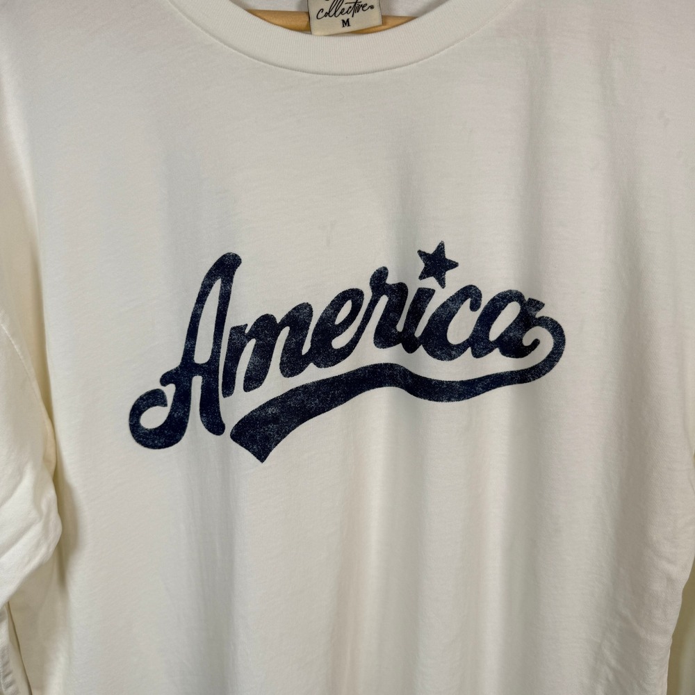 Oat Collective Womens America Graphic Long Sleeve Tee Cream Navy Blue Size M - Picture 2 of 9